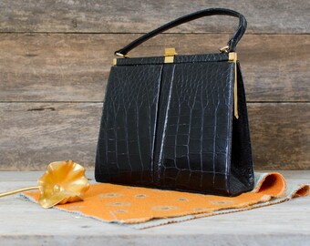 Vintage Genuine Leather Bag Purse - Croc Pattern / Handbag - 1930s