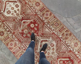 Vintage 4’3” x 9’11” Oushak Rug Geometric Medallion Rust Red Sage Distressed Hand-Knotted Runner - FREE DOMESTIC SHIPPING