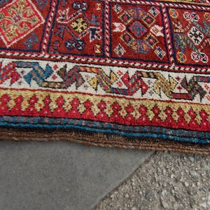 Antique 47 x 109 Wide Runner Geometric Botanical Design Red Navy Hand Knotted Wool Pile Rug 1890s FREE DOMESTIC SHIPPING image 9