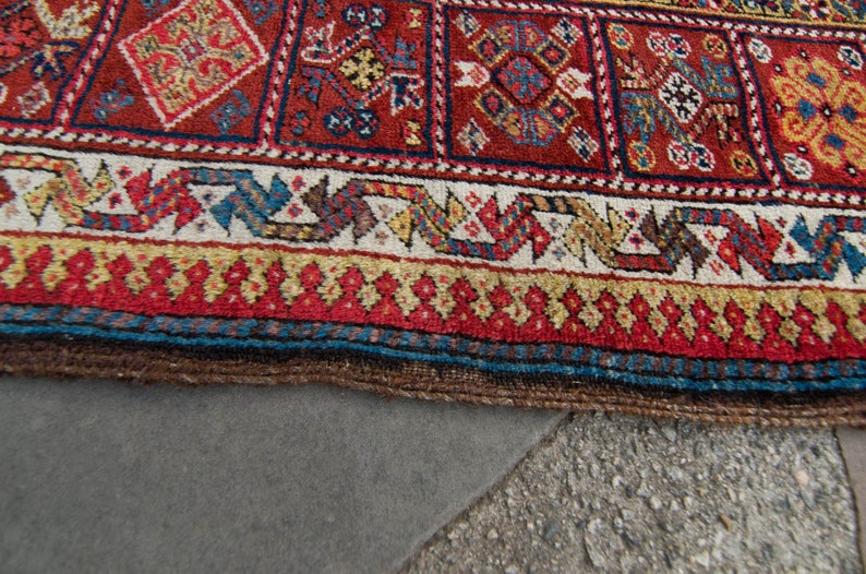 Antique 47 x 109 Wide Runner Geometric Botanical Design Red Navy Hand Knotted Wool Pile Rug 1890s FREE DOMESTIC SHIPPING image 9