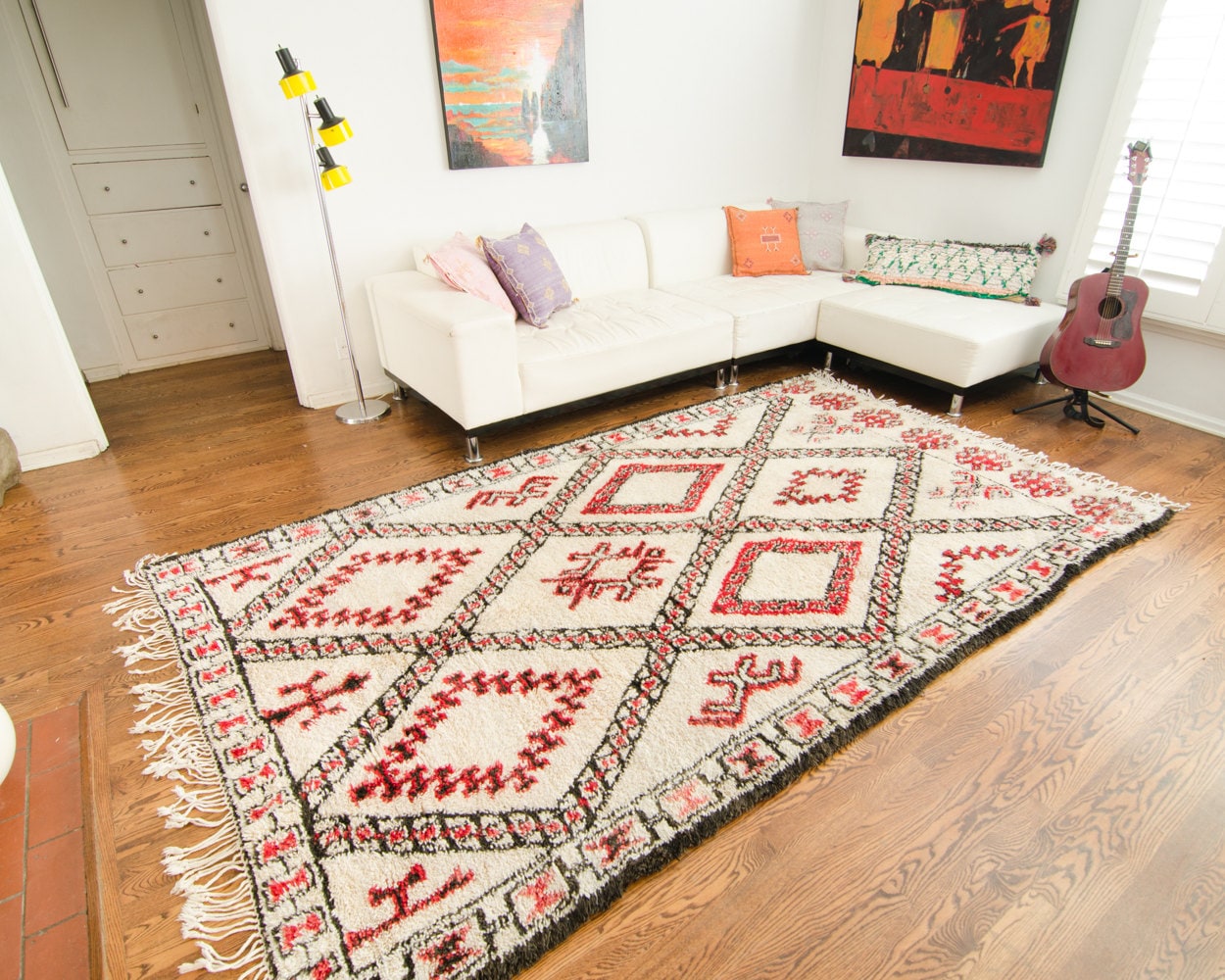 Vintage Marocain 5'10 X 10' Beni Ourain Tapis Rouge et Noir Diamant Médaillons Laine Boho Chic 1940 