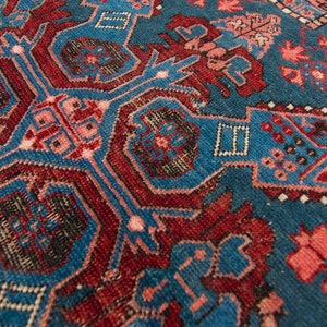 Antique 28 x 37 Zeikhur Rug Geometric Medallion Floral Design Ink Blue Brick Red Hand Knotted Pile Rug 1910s FREE DOMESTIC SHIPPING image 7