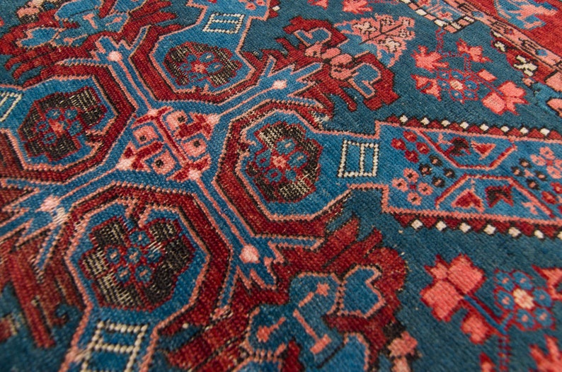 Antique 28 x 37 Zeikhur Rug Geometric Medallion Floral Design Ink Blue Brick Red Hand Knotted Pile Rug 1910s FREE DOMESTIC SHIPPING image 7