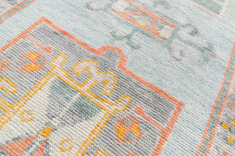 Contemporary 211 x 138 Anatolian Runner Geometric Medallion Baby Blue Pumpkin Wool Hand-Knotted 2000 FREE DOMESTIC SHIPPING image 8