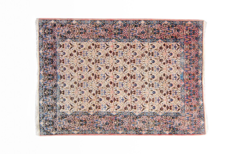 Vintage 4'6 x 6'7 Rug Allover Floral Figural Design Bubble Gum Ink Blue Wool Cotton Pile Hand-Knotted Rug 1930s FREE DOMESTIC SHIPPING image 2