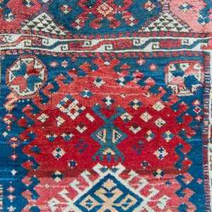 Antique 46 x 52 Rug Red Blue Çanakkale Geometric Small Area Accent Wool Hand-Knotted Rug 1910s FREE DOMESTIC SHIPPING image 6