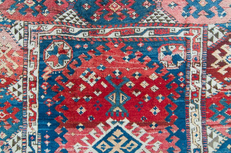 Antique 46 x 52 Rug Red Blue Çanakkale Geometric Small Area Accent Wool Hand-Knotted Rug 1910s FREE DOMESTIC SHIPPING image 6