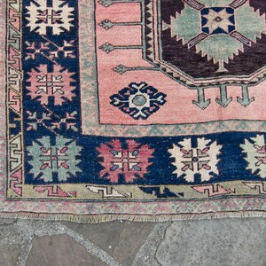 Vintage 51 x 122 Oushak Rug Hand Knotted Medallion Design Pink Blue Wool Large Area Rug 1960s FREE DOMESTIC SHIPPING image 6