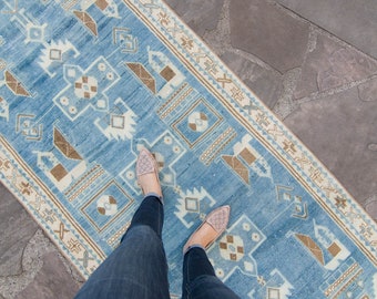 Vintage 3’7” x 9’3” Rug Geometric Pattern Design Blue Tan Wool Cotton Low Pile Area Rug 1940s - FREE DOMESTIC SHIPPING