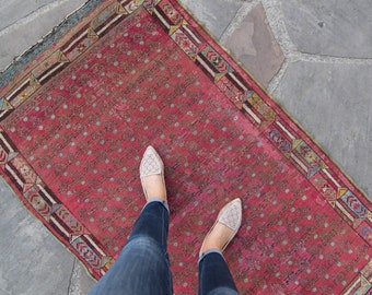 Antique 3’3” x 5’4” Allover Floral Design Dark Red Olive Blue Wool Small Area Accent Rug 1880s - FREE DOMESTIC SHIPPING