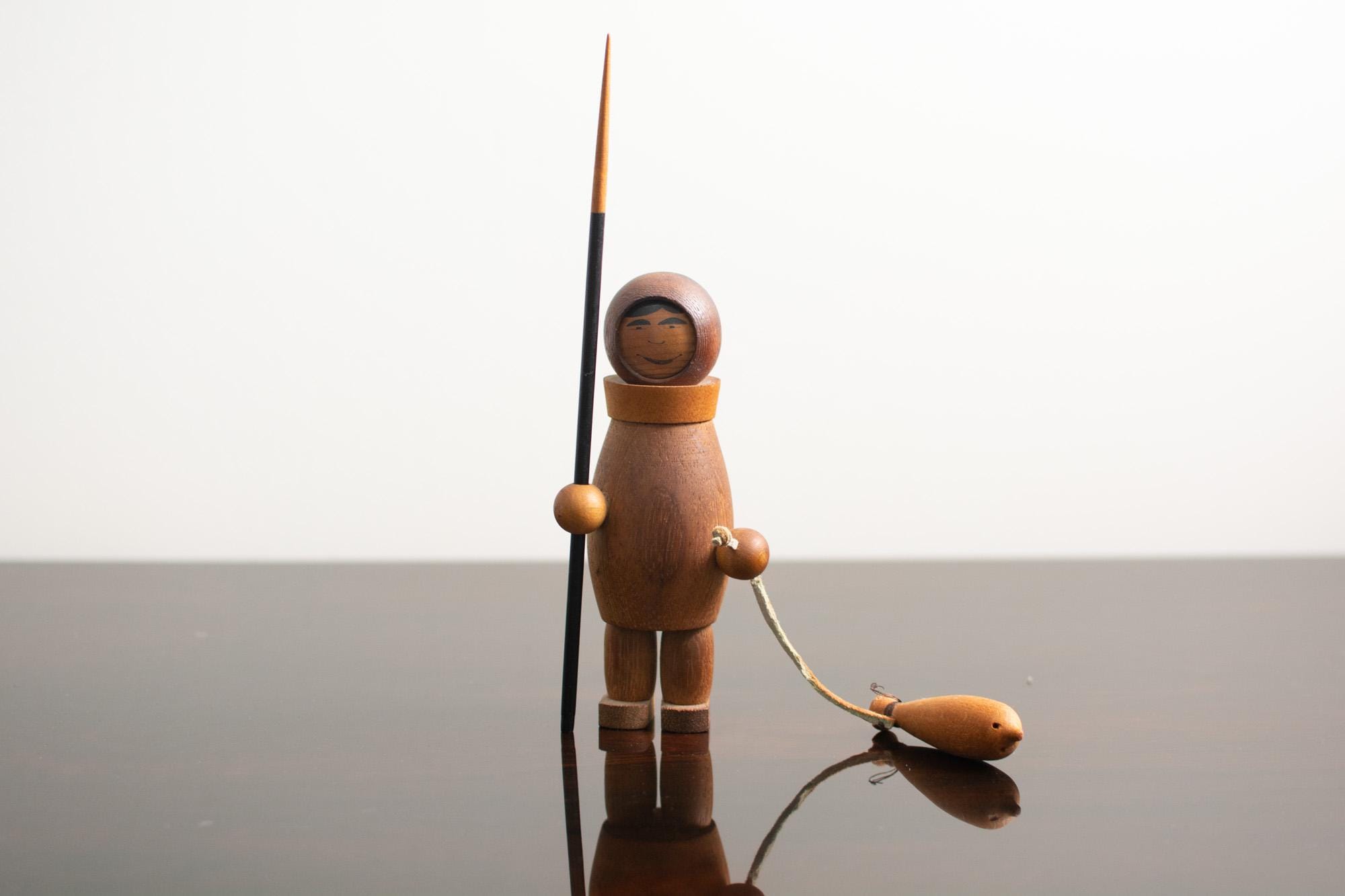 Vintage Teak Arne Tjomsland Eskimo Inuit Figure With Seal & Spear