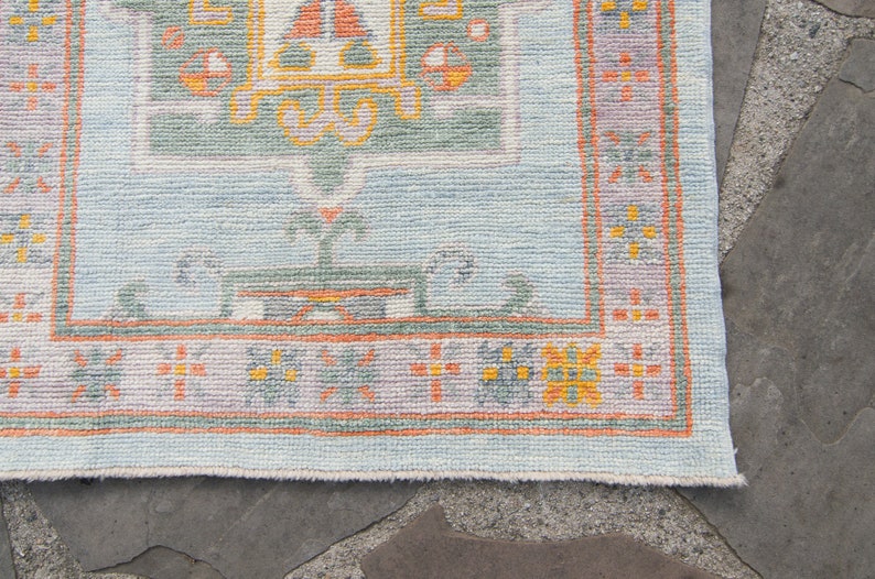 Contemporary 211 x 138 Anatolian Runner Geometric Medallion Baby Blue Pumpkin Wool Hand-Knotted 2000 FREE DOMESTIC SHIPPING image 7