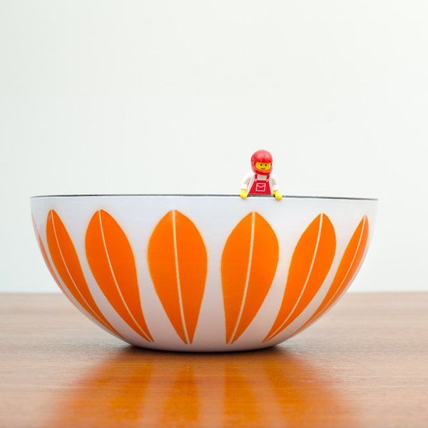 Vintage Cathrineholm Scandinavian Orange Lotus on White Bowl by Arne Clausen Design Mid Century Made in Norway - 1950s