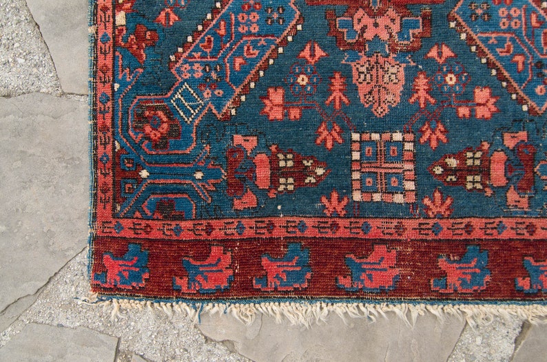 Antique 28 x 37 Zeikhur Rug Geometric Medallion Floral Design Ink Blue Brick Red Hand Knotted Pile Rug 1910s FREE DOMESTIC SHIPPING image 5