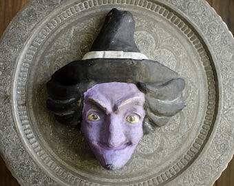 Antique Witch Halloween Mask Folk Art Halloween Decor Paper Maché  1920s