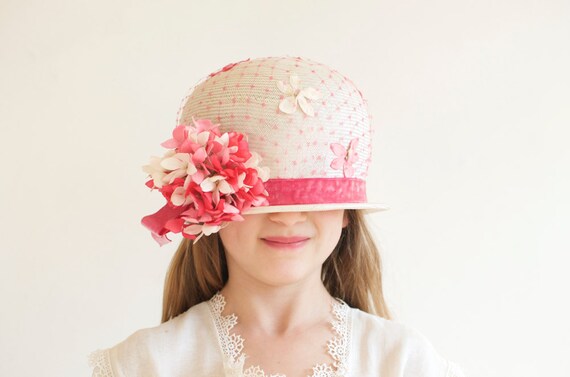 Vintage Woven Floral Pink Straw Hat Noreen - Mid … - image 2