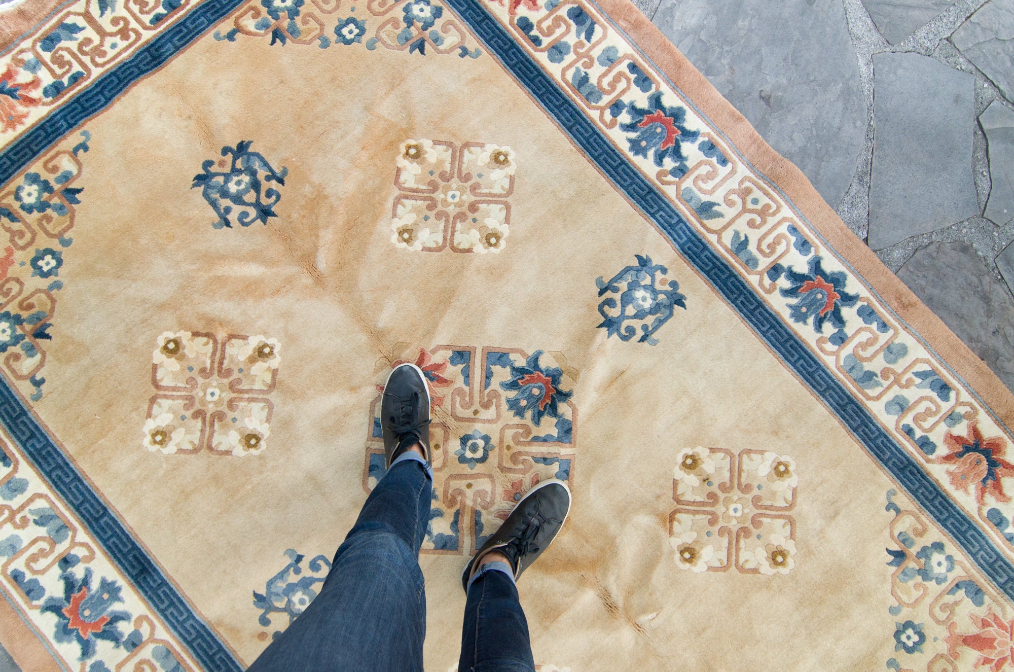 Vintage 6' X 9' Chinese Rug Hand-Knotted Geometric Design Earth-Toned Color Oriental Wool Pile Heavy