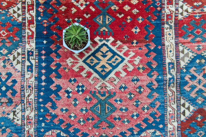 Antique 46 x 52 Rug Red Blue Çanakkale Geometric Small Area Accent Wool Hand-Knotted Rug 1910s FREE DOMESTIC SHIPPING image 4