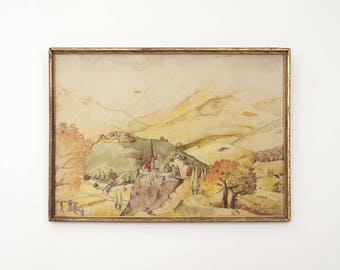 Antique Original Framed Watercolor Castle Landscape Cross Hills Painting