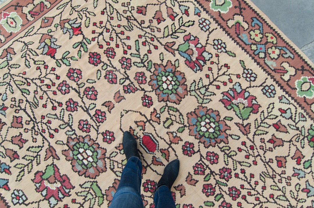 Vintage Balkan 8’1” X 9’7” Rug Kilim Handmade Allover Floral Flat-woven ...