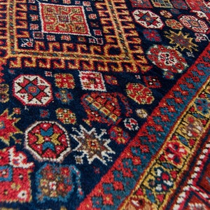 Antique 47 x 109 Wide Runner Geometric Botanical Design Red Navy Hand Knotted Wool Pile Rug 1890s FREE DOMESTIC SHIPPING image 8