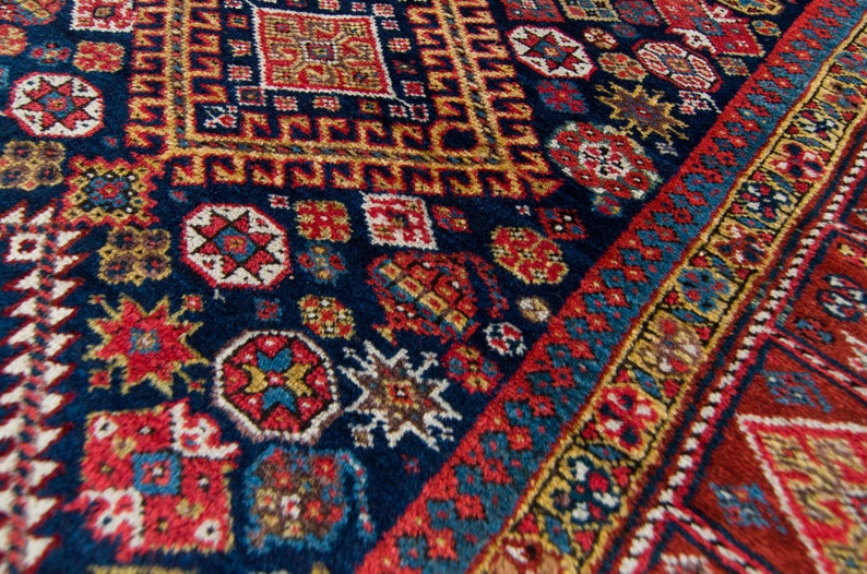 Antique 47 x 109 Wide Runner Geometric Botanical Design Red Navy Hand Knotted Wool Pile Rug 1890s FREE DOMESTIC SHIPPING image 8