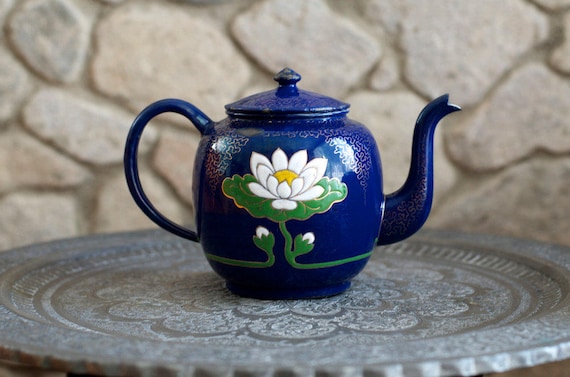 Vintage Large Blue Lotus Enamel Teapot 1940 s Etsy