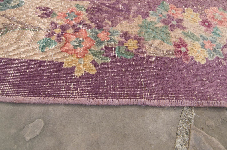 Vintage 46 x 73 Oval Rug Chinese Botanical Design Plum Blush Hand Knotted Pile Distressed Rug 1930s FREE DOMESTIC SHIPPING image 9