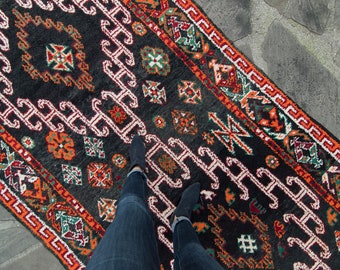 Vintage Moroccan 5’3” x 9'5" Rug Boujad Moroccan Black Geometric Medallion Berber Boho Decor Large Wool Rug 1960s - FREE DOMESTIC SHIPPING