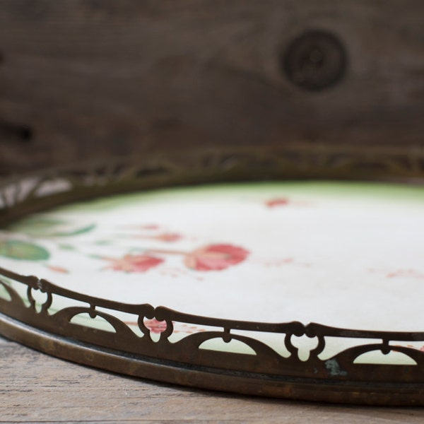 Antique Art Nouveau Brass & Ceramic Serving Tray - Germany