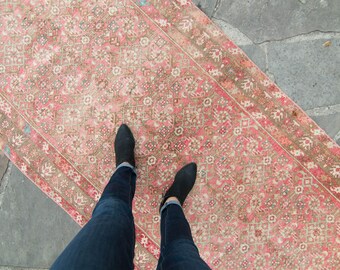 Vintage 3’7” x 11" Runner Allover Floral Design Pink Coffee Hand-Knotted Wool Pile Rug 1950s - FREE DOMESTIC SHIPPING