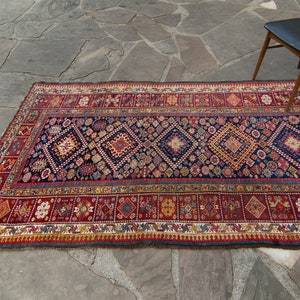 Antique 47 x 109 Wide Runner Geometric Botanical Design Red Navy Hand Knotted Wool Pile Rug 1890s FREE DOMESTIC SHIPPING image 5