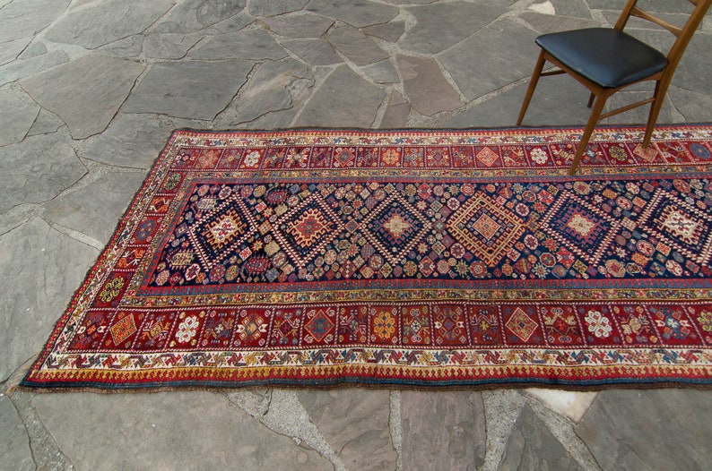 Antique 47 x 109 Wide Runner Geometric Botanical Design Red Navy Hand Knotted Wool Pile Rug 1890s FREE DOMESTIC SHIPPING image 5