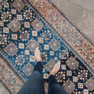 Antique 4’9” x 8’10” Rug Geometric Pattern Blues Earth Tones Wool Pile Hand-Knotted Wide Runner 1920s - FREE DOMESTIC SHIPPING