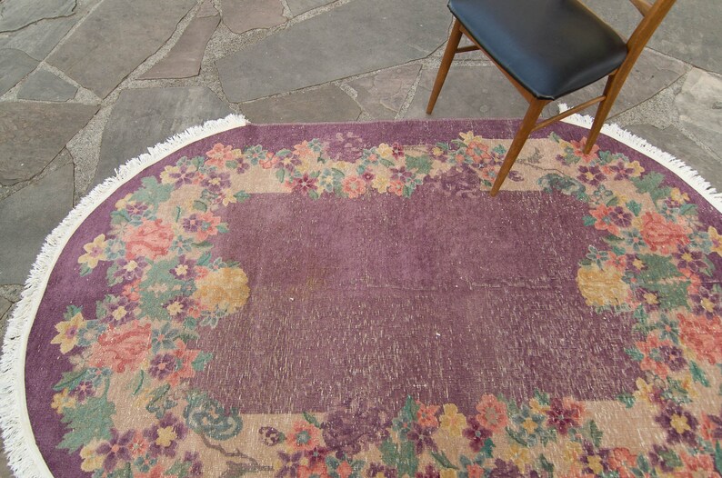 Vintage 46 x 73 Oval Rug Chinese Botanical Design Plum Blush Hand Knotted Pile Distressed Rug 1930s FREE DOMESTIC SHIPPING image 5