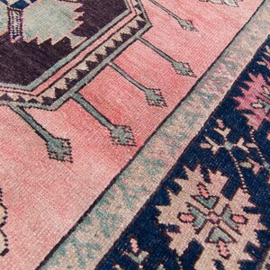 Vintage 51 x 122 Oushak Rug Hand Knotted Medallion Design Pink Blue Wool Large Area Rug 1960s FREE DOMESTIC SHIPPING image 8