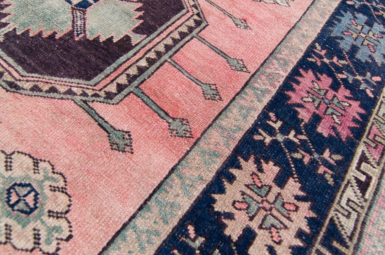 Vintage 51 x 122 Oushak Rug Hand Knotted Medallion Design Pink Blue Wool Large Area Rug 1960s FREE DOMESTIC SHIPPING image 8