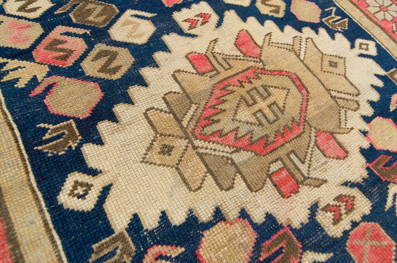 Antique 32 x 54 Kazak Rug Medallion Floral Red Navy Hand-Knotted Medallion Wool Pile Rug 1920s FREE DOMESTIC SHIPPING image 9