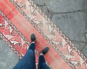 Vintage 3’4” x 14’10.5” Runner Abstract Arrow Design Grapefruit Color Wool Extra Long Hand-Knotted Runner - FREE DOMESTIC SHIPPING