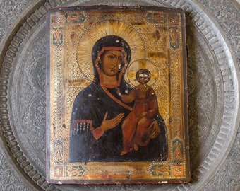 Antique Early 1800s Original Russian Icon Hand Painted Annunciation Our Lady of Kazan Madonna and Jesus
