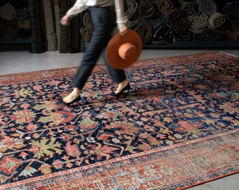 Antique 9’6” x 14’7” Allover Botanical Navy Blue Green Hand Knotted Wool Low Pile Rug 1920s - FREE DOMESTIC SHIPPING