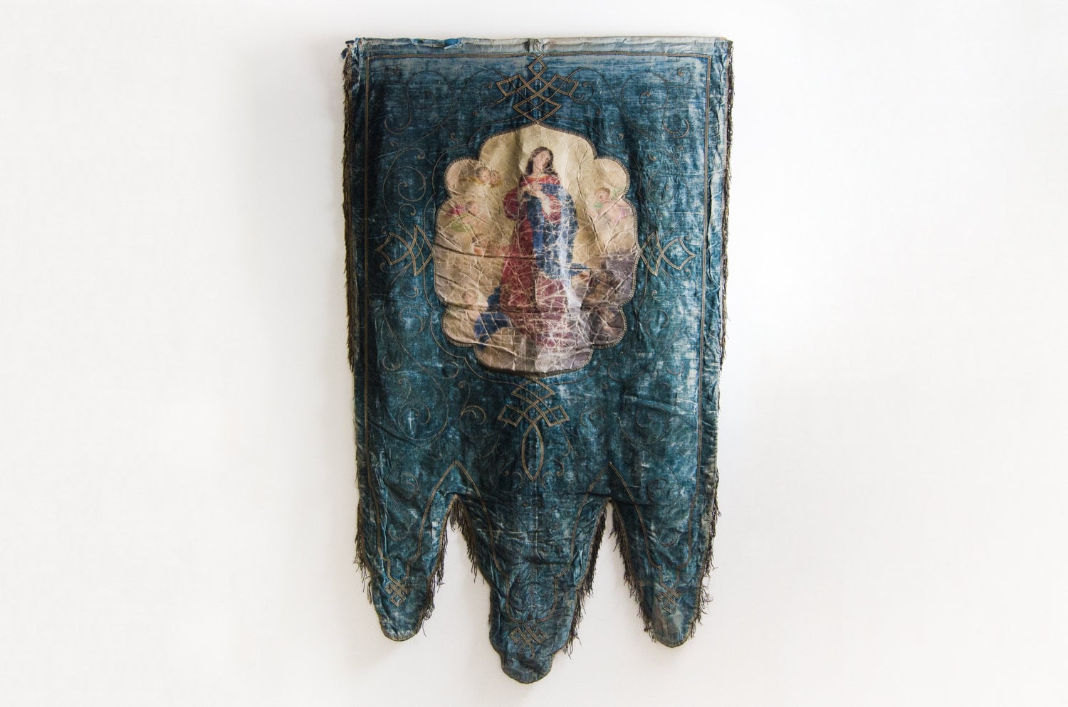 Antique Religious 87" x 42.8" Banner Hand-Painted Velvet Tassels Jesus Angels Christian Wall Hanging 1850s - FREE DOMESTIC SHIPPING