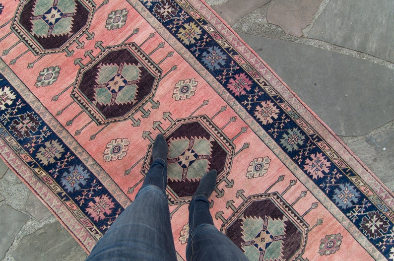 Vintage 51 x 122 Oushak Rug Hand Knotted Medallion Design Pink Blue Wool Large Area Rug 1960s FREE DOMESTIC SHIPPING image 1