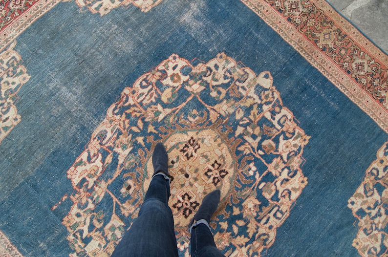 Antique 9'7 x 11'6 Large Blue Red Floral Medallion Hand Knotted Rug Wool Low Pile Rug 1920s FREE DOMESTIC SHIPPING image 1