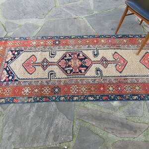 Vintage 211 x 175.5 Extra Long Runner Geometric Wool Low Pile Hand-Knotted Blue Beige Red 1930s FREE DOMESTIC SHIPPING image 5