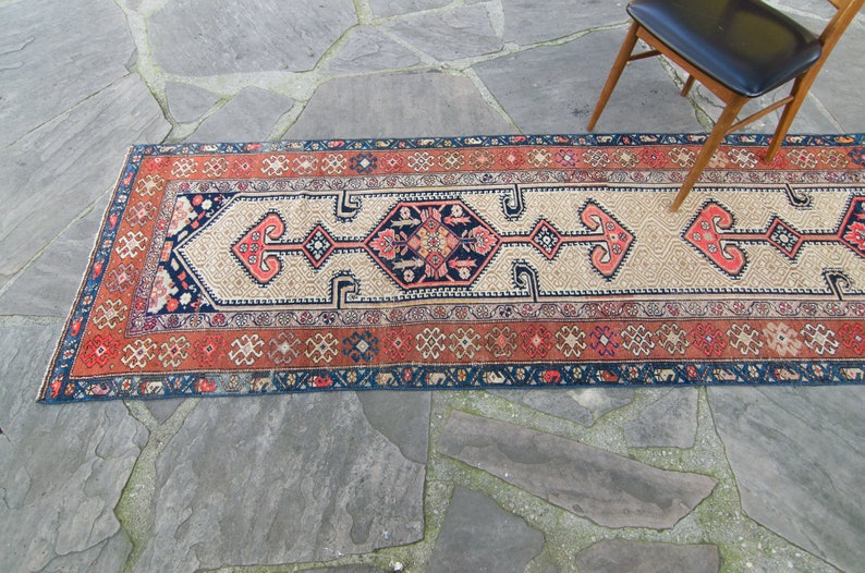 Vintage 211 x 175.5 Extra Long Runner Geometric Wool Low Pile Hand-Knotted Blue Beige Red 1930s FREE DOMESTIC SHIPPING image 5