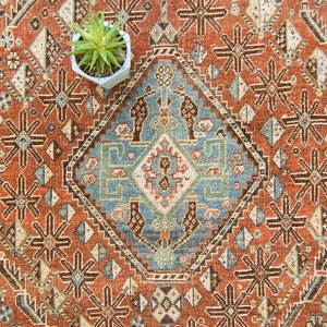 Antique 52 x 84 Rug Terra Cotta Blue Geometric Medallion Area Wool Hand-Knotted Rug 1920s FREE DOMESTIC SHIPPING image 4