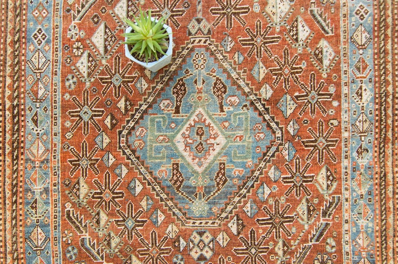 Antique 52 x 84 Rug Terra Cotta Blue Geometric Medallion Area Wool Hand-Knotted Rug 1920s FREE DOMESTIC SHIPPING image 4