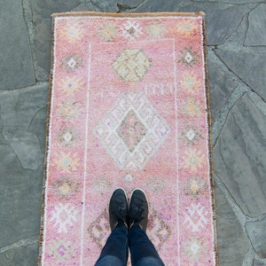 Vintage 210.5 x 126 Runner Hand Knotted Distressed Geometric Medallion Pink Wool Low Pile Runner FREE DOMESTIC SHIPPING image 3