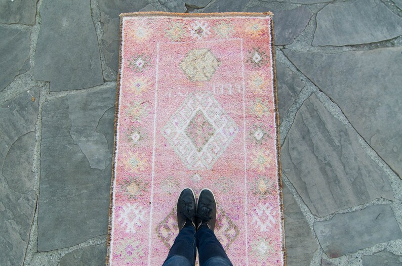 Vintage 210.5 x 126 Runner Hand Knotted Distressed Geometric Medallion Pink Wool Low Pile Runner FREE DOMESTIC SHIPPING image 3